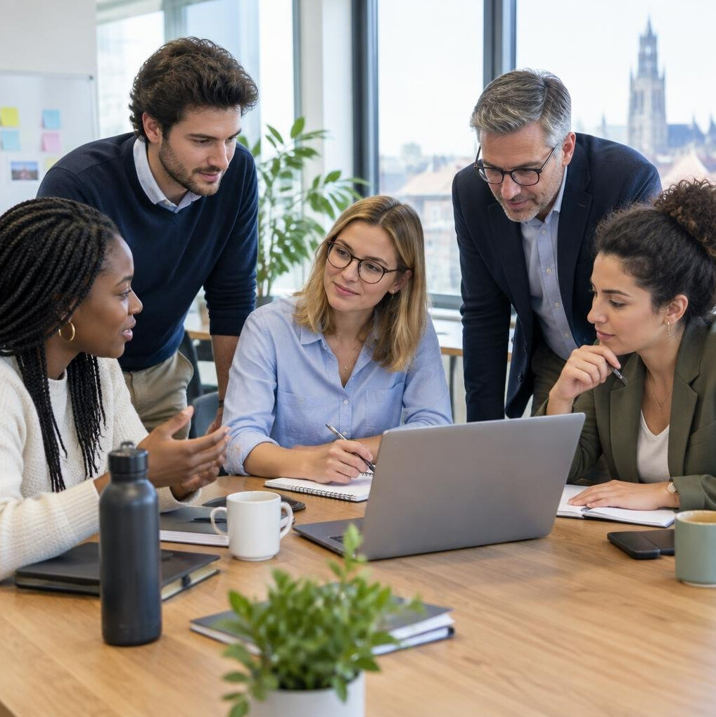 Diverse group of business professionals brainstorming around a table with laptops and notes